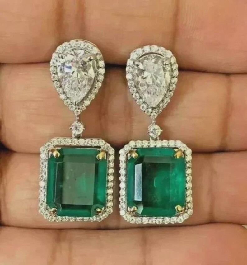 4CT Emerald Cut Real Green Emerald Drop Two-Stone Earring 14K Two-Tone Gold Over