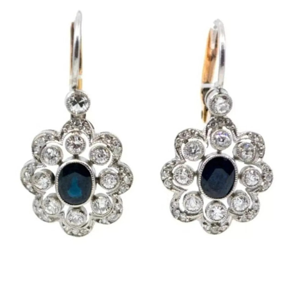 Art Deco Oval Cut Sapphire Lab Created Diamond Drop Dangle 925 Silver Earrings