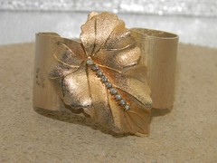 Vintage Judy Lee Leaf and Rhinestone Cuff Bracelet Goldtone