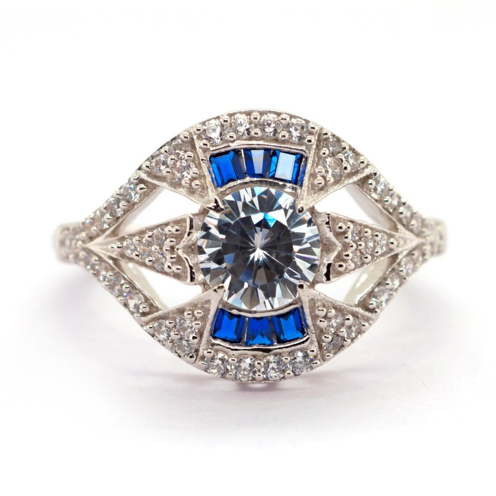 1.35 Ct White Round Cut Simulated Diamond Art Deco Style Wedding 925 Silver Ring