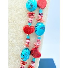 Turquoise & Sponge Coral Necklace, Double Strand, 925 Clasp, 1990s–2000s