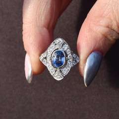 Art Deco Style Lab Created Diamond & Sapphire Engagement 14K White Gold FN Ring