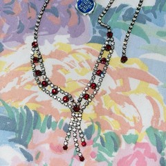 Vintage Red Rhinestone Necklace Sterling Plated Hang Tag Silver Tone 17 Inches