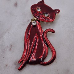 Vintage Red Enamel Articulated Cat Brooch Rhinestone Kitty Pin Retro MCM Kitsch