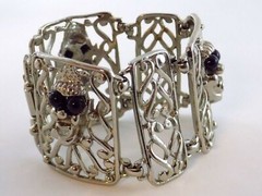Vintage Selini Silver Plated Black Beaded Clown Face Panel Bracelet 7 Inches 68g