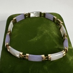 Vintage WJ 10k Yellow Gold Lavender Jade & Mother Of Pearl Asian Bracelet 7.5”