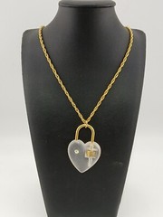 NEW OLD STOCK 1970s goldtone crystal lucite heart lock pendant necklace