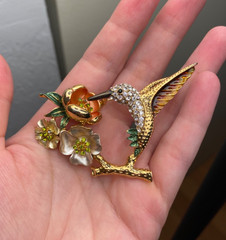Vintage Gold Tone White and Green rhinestone hummingbird brooch with flowers