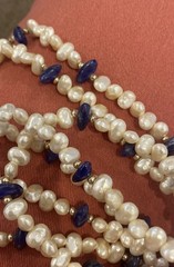 Vintage Necklace Rice Pearls And Lapis 70″ In Length Many Fashion Options