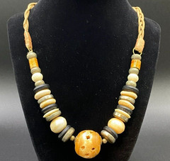 Vintage Wood Metal & Braided Leather Necklace w/ Star Motif – 32″