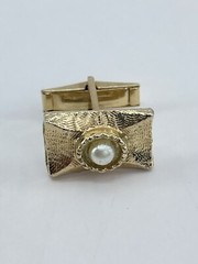 Vintage Faux Pearl mens cufflinks rectangle brushed gold tone concave whale back