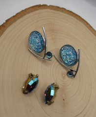 Vintage Clip on Earring lot 2 pair Turquoise man made Opal Almond Rhinestone