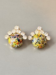 Vintage Verified JULIANA Millefiori Brooch & Earring Set, Yellow Harlequin Multi