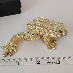 Vintage Frog Brooch Gold Tone Rhinestones Huge Statement Pin Green Eyes 3.5 In.