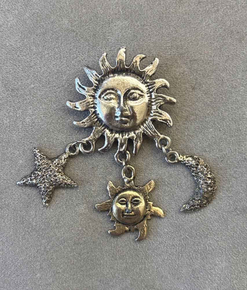 vintage silver toned celestial dangle brooch sun moon star