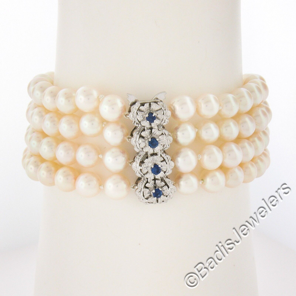Vintage 18k Gold 2.25ctw Sapphire Textured Clasp 4 Row Excellent Pearl Bracelet