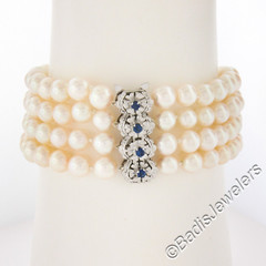Vintage 18k Gold 2.25ctw Sapphire Textured Clasp 4 Row Excellent Pearl Bracelet