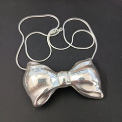 Vintage Sterling Silver Bow Necklace Brooch Puffy Tie Modernist 80s Israel Bold