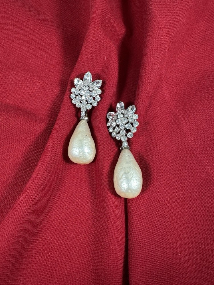 Elegant Large Vintage Rhinestone Inset Dangle Faux Pearl Drop Earrings