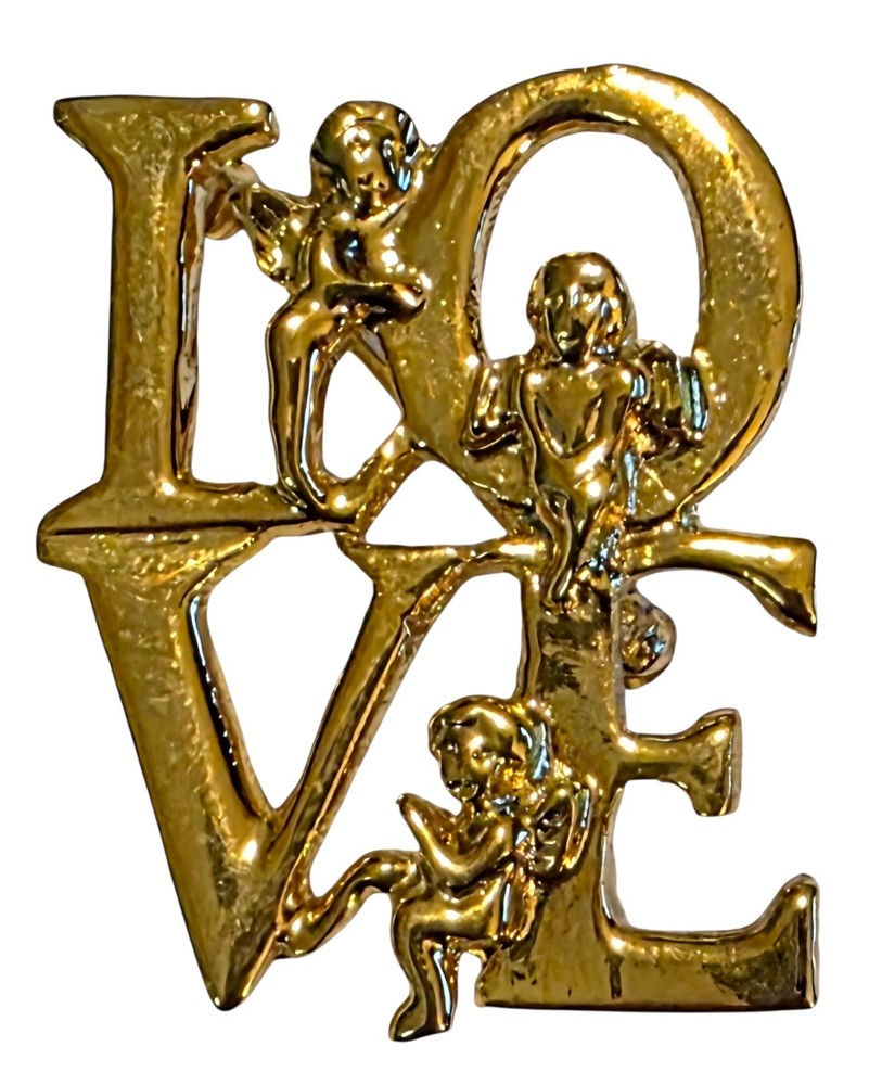 Rosa Flores Vintage Style Gold Tone LOVE Cherub Angel Brooch Pin New On Card