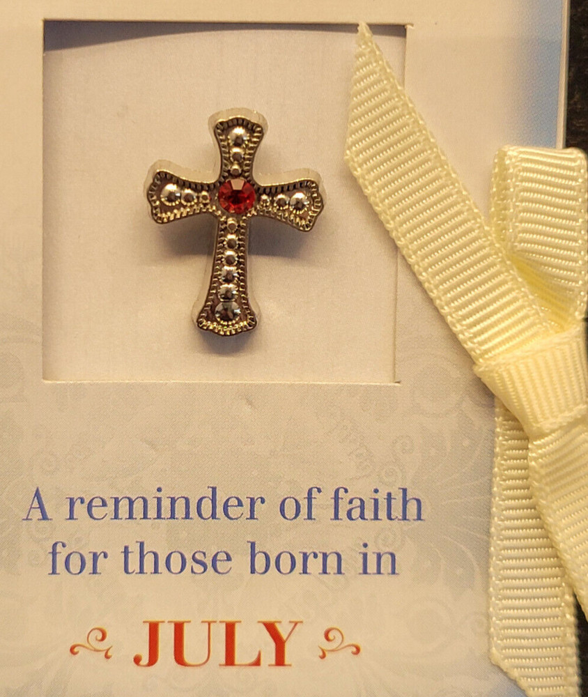 Brooch Pin Pewter Birthstone Cross for July Ruby .5 Inches 056