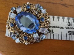 Vintage West Germany Baby Blue Art Glass Brooch Earrings Set Gold Tone Filigree