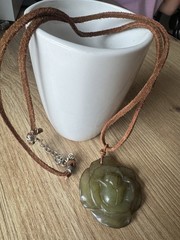 Vintage Tica Rosa Green Carved Stone Flower Pendant Necklace Brown Leather Cord
