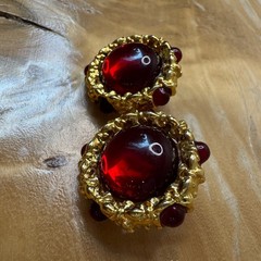Vintage Ruby Red Glass Cabochon Gold Tone Ornate Statement Stud Earrings