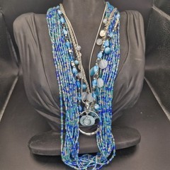 Lot 4 Necklaces Silver Tone Blues Beachy Glass Shells Beautiful Stackable 17-21″