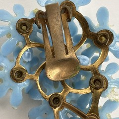 MCM Plastic Earrings Climbers Half Moon Clip On Blue Floral Rhinestone 3” Vtg