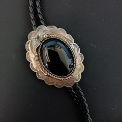 Western Bolo Tie Black Onyx Sterling Silver Cowboy Cowgirl Statement Handmade
