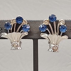 Vintage Flower Basket Rhinestone Clip On Earrings Blue Glass Silver Tone 1″