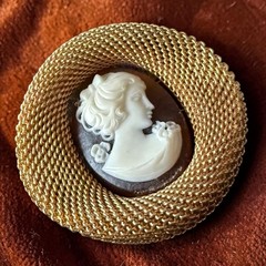 Cameo Brooch Pin Gold Tone Mesh Vintage Lady Portrait Victorian Revival