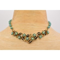Vintage Floral Aqua Turquoise Beaded Collar Choker Necklace Gold Tone 60s Bin3D