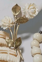 Vtg LOT Graduated Carved Rose Bead Elephant Necklaces Krememtz Rose Brooch ERs +
