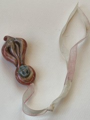 Handmade Green & Iridescent Coral Polymer Clay Mystical Face Pendant w Silk Ribb