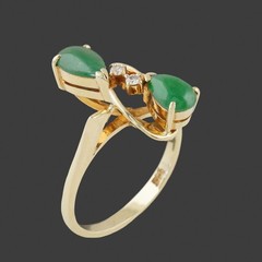 Retro Modernist Solid 14K Yellow Gold, Green Jade Cabochon & Diamond Estate Ring