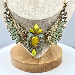 VTG Retro Gold Tone Phoenix Wing Necklace Sage Green & Amber Tone Boho Statement