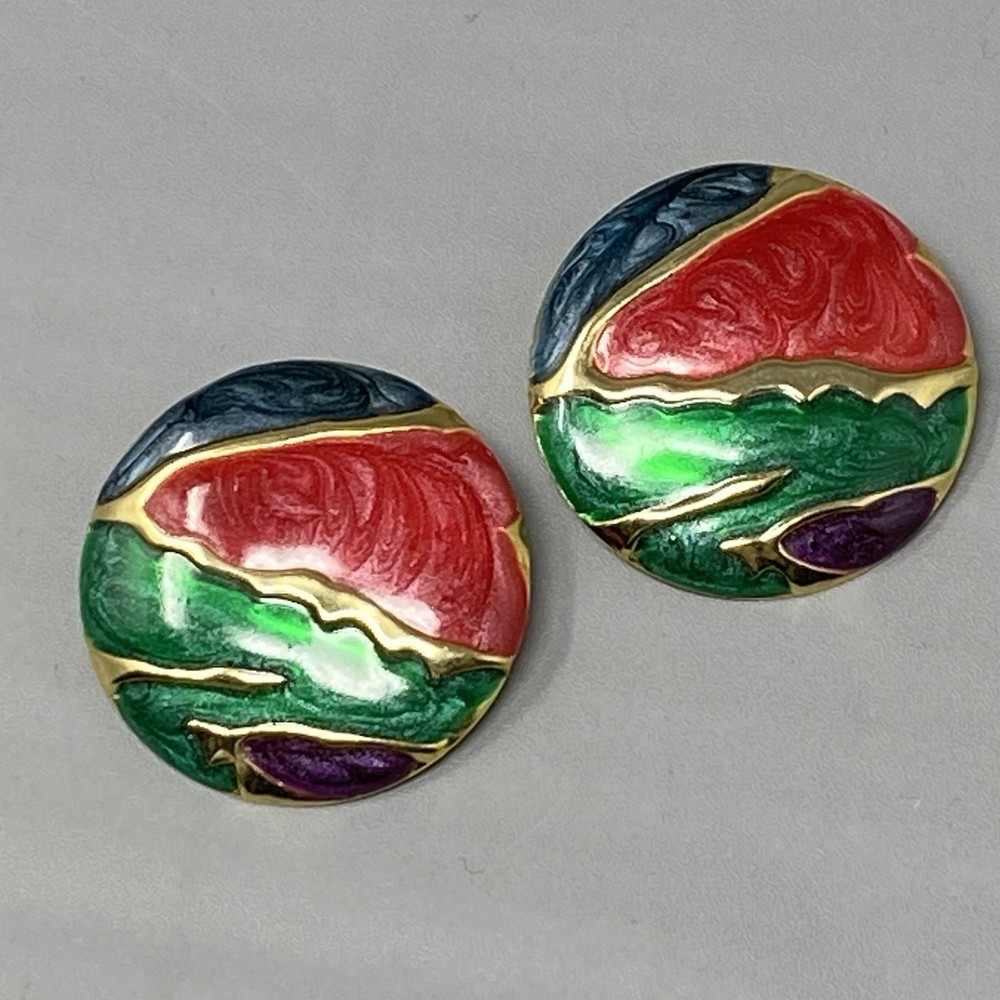 Retro Stud Button Earrings Red Green Blue Purple Gold Swirl Enamel 1980s Pierced