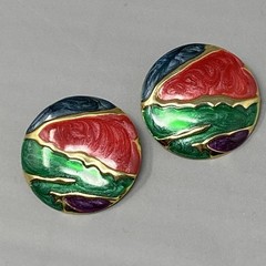 Retro Stud Button Earrings Red Green Blue Purple Gold Swirl Enamel 1980s Pierced