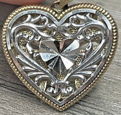 Vintage 14K Yellow Gold White Gold Reversible Filigree Heart Pendant 2.2g Signed
