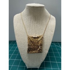 Vintage Gold Mesh Pouch Pendant Necklace Miniature Bag Statement Jewelry 32 In
