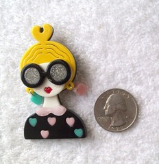 Vintage Fashionista Lady with Hearts 2.50″ Layered Acrylic Pin or Brooch – NWOT