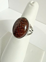 Vintage 925 Sterling Silver Fossil Bone Statement Ring Size 6.5 Oval