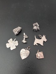 Lot Of 7 Vintage Charms for Bracelet Rabbit Scotty Book Piano Heart Wishing Well