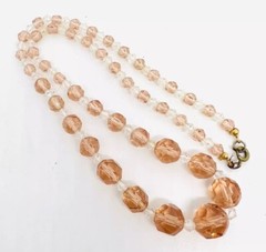 Art Deco Faceted Pink & Clear Glass Beaded Necklace 21 Inches Vintage Jewelry