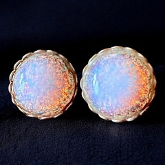 Opal Glass Clip On Earrings Iridescent Dome Gold Tone Vintage Mid Century