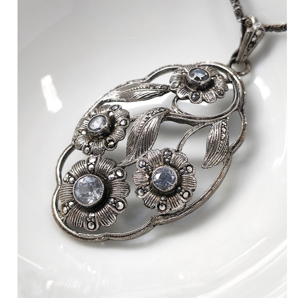 Vintage Klotz 935 Silver Spinel Marcasite Floral Pendant Necklace TEKA Germany