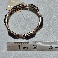 Art Deco Purple Pink Resin Stones Gold Tone Stretch Bracelet Modern Fashion