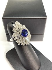 18K White Gold 5.90ctw Oval Blue Sapphire & Tapered Baguette Diamond Ring